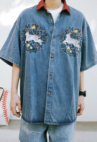 Blue Washed Rabbit Embroidered Denim Oversized Shirt