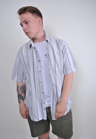 VINTAGE GRAY STRIPED SHIRT WITH SHORT SLEEVE, SIZE L