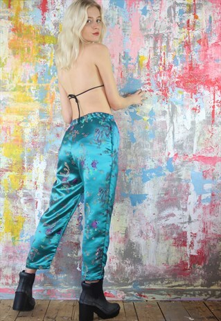 CROPPED TROUSERS IN CHINESE DRAGON SATIN GREEN/BLUE