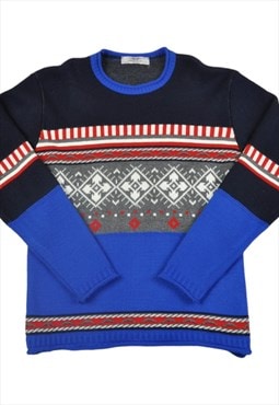 Vintage Knitwear Sweater Retro Pattern Blue Medium