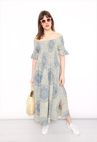 VINTAGE 90S BLUE BATIK PRINT OFF THE SHOULDER SUMMER DRESS