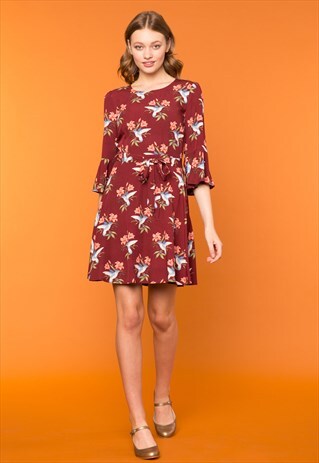 MAROON HUMMINGBIRD PRINT DRESS
