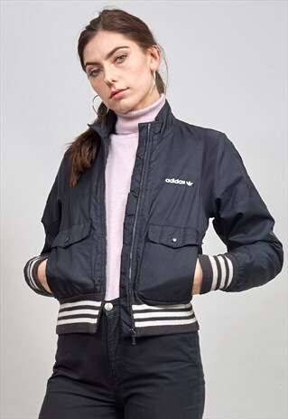 VINTAGE 90'S ADIDAS STRIPED DETAIL BLACK BOMBER JACKET