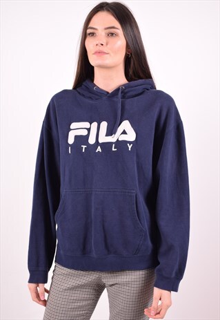 FILA WOMENS VINTAGE HOODIE JUMPER LARGE BLUE 90S