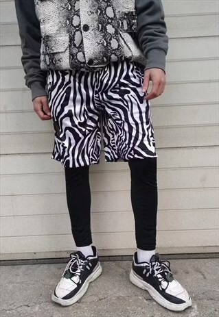 ZEBRA PRINT SHORTS ELASTIC WAIST STRIPE CROPPED OVERALLS