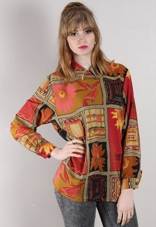 VINTAGE 80S ORANGE CRAZY PATTERN BLOUSE SHIRT TOP