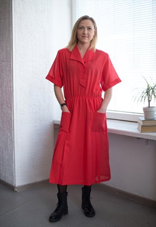 VINTAGE 80'S MIDI MINIMAL RED SHORT SLEEVED DRESS