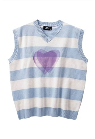 Heart print sleeveless sweater stripe jumper preppy top blue
