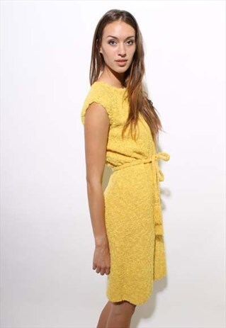 VINTAGE 1960'S 60'S YELLOW GOLD SWEATER DRESS KNIT BELT L-XL