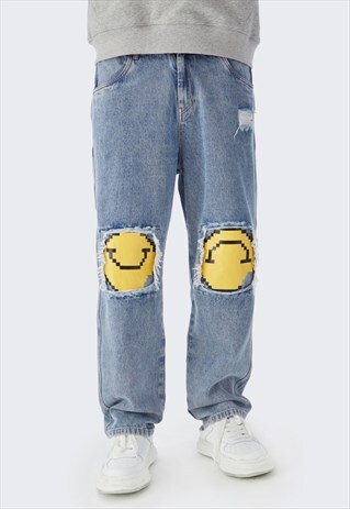 KALODIS RIPPED SMILEY PRINT LOOSE DISTRESSED STRAIGHT JEANS