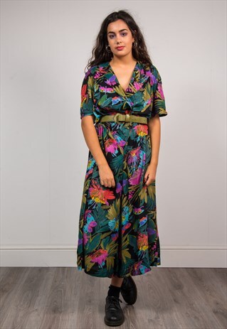 90'S VINTAGE MULTICOLOUR FLORAL BUTTERFLY PATTERN MIDI DRESS