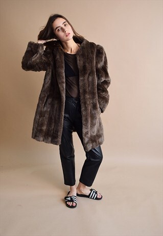 VINTAGE 90'S RETRO OVERSIZED FAUX FUR BROWN MIDI COAT
