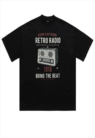 RETRO RADIO T-SHIRT OLD RAVER PRINT TEE OLD SCHOOL TOP BLACK