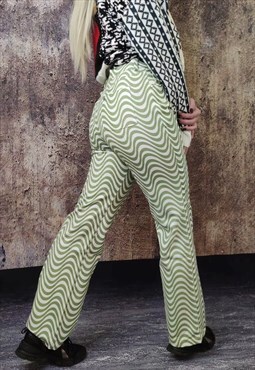 70s pattern joggers wavy pants Y2K zigzag overalls in green