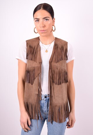 WOMENS VINTAGE LEATHER TASSEL WAISTCOAT MEDIUM BROWN 90'S