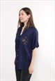 90S GOLD BUTTON BLUE BLOUSE, VINTAGE FLORAL EMBROIDERY SHIRT