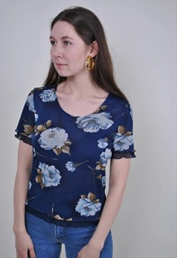 90s floral lace blouse, vintage black pullover shirt, Size M