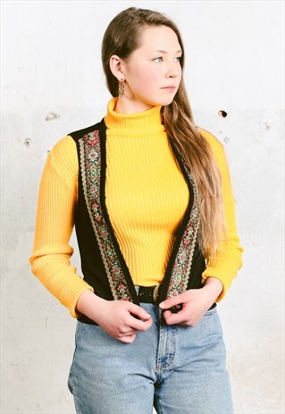 VINTAGE 90S WOMEN BLACK VEST WITH GOLDEN ORIENTAL TRIM