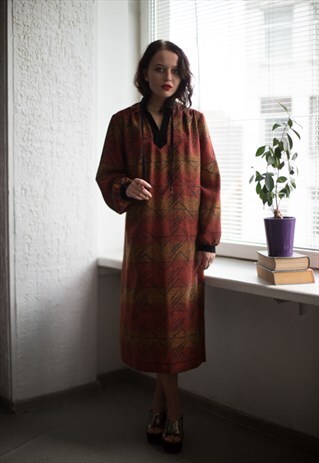 VINTAGE 80'S BROWN/ORANGE PATTERNED LONG SLEEVED DRESS