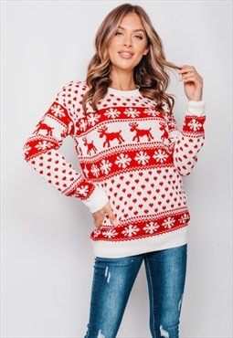 jyo Reindeer And Snowflake Knitted Christmas Jumper Cream