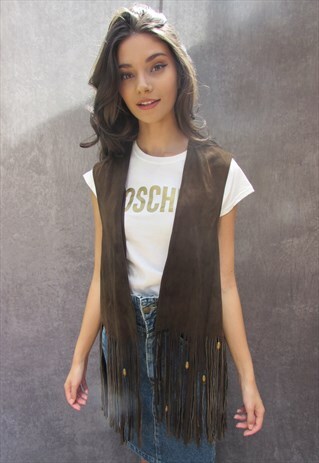 VINTAGE 1970 LEATHER SUEDE TASSEL WAISTCOAT JACKET