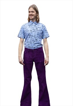 Purple 70s inspired fine cord flare jeans style 