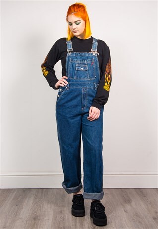 VINTAGE 90'S BLUE DENIM LONG STRAIGHT LEG DUNGAREES