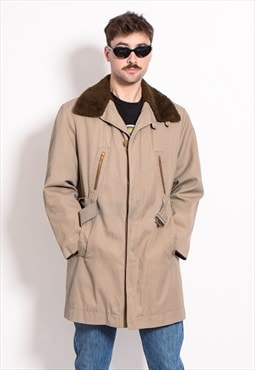 Vintage 90s faux fur collar trench coat in beige