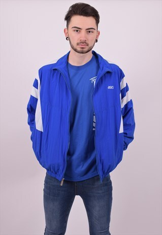 VINTAGE 90'S BLUE ASICS TRACK WINDBREAKER JACKET SIZE LARGE