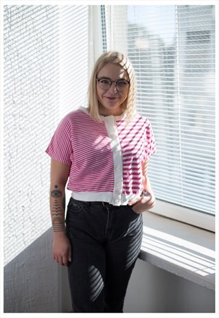 VINTAGE 80'S WHITE/PINK CROPPED SHORT SLEEVED TOP