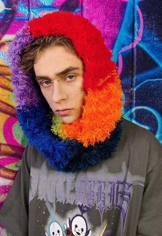 Handmade fluffy shawl scarf in rainbow color circle snood