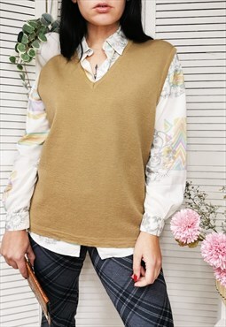 Vintage 80s woolen brown minimalist knitted vest blouse top