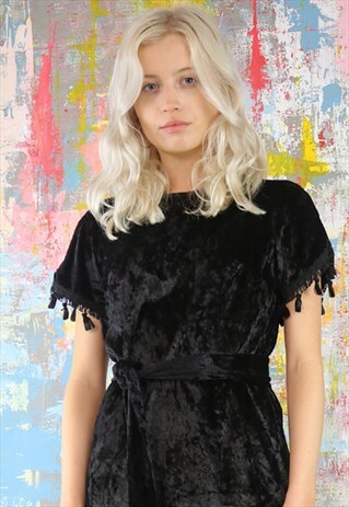 DRESS IN BLACK VELVET WITH SPLITS AND TASSELS