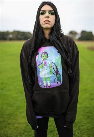 BLACK OVERSIZED HOODIE WITH LUCY AND THE CREATURE DOLL PRINT