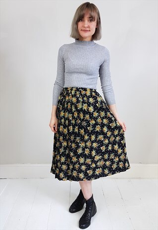 VINTAGE 90'S BLACK POLKA DOT FLORAL PLEATED MIDI SKIRT