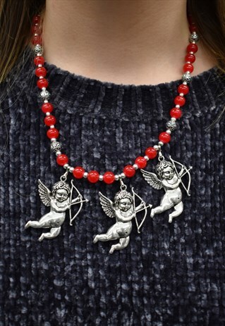 RED AND SILVER STRUCK BY CUPID ANGEL CHERUB NECKLACE