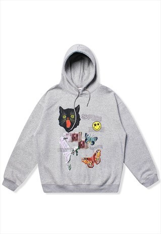 CAT PRINT HOODIE GRAFFITI PULLOVER SKATER JUMPER IN GREY