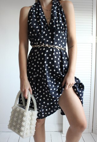 VINTAGE 80S NAVY BLUE POLKA DOT HALTERNECK DRESS