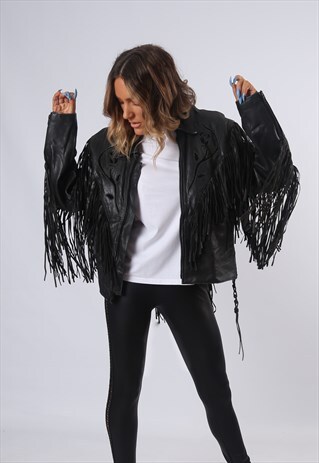 TASSEL FRINGE LEATHER BIKER JACKET UK 14 (FBD)