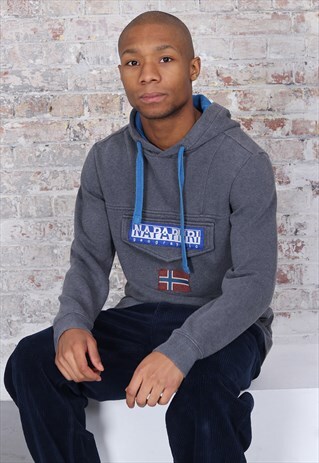 VINTAGE NAPAPIJRI BIG LOGO FRONT POCKET HOODIE GREY