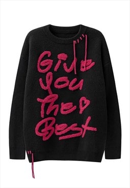 Knitted grunge jumper letter patch sweater premium top black