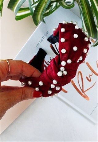 BURGUNDY VELVET FAUX PEARL TOP KNOT TWISTED HEAD BAND