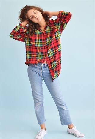 80'S RETRO TARTAN CHECKED PRINT MOMS SHIRT TOP