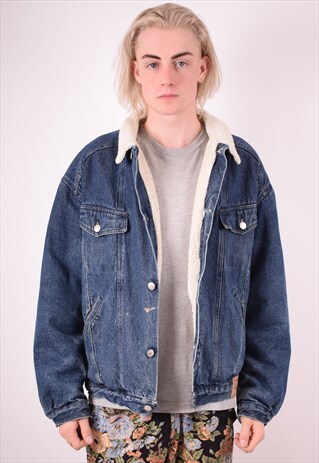 MENS VINTAGE DENIM SHERPA JACKET XL BLUE 90S