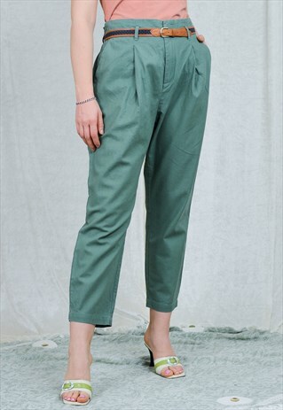 GREEN LINEN PANTS PLEATED MOM MINIMALIST TROUSERS HIGH WAIST