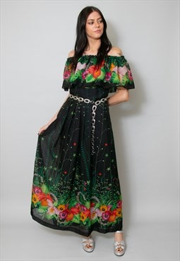 Allcron 1970's Vintage Black Floral Ladies Maxi Dress Size S