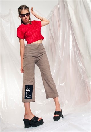 VINTAGE CROPPED TROUSERS REWORKED ART PATCH WIDE-LEG PANTS