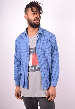 MENS VINTAGE SHIRT LARGE BLUE CHECK 90'S