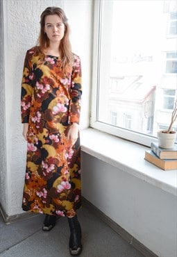 Vintage 70's Bohemian Brown Flower Print Maxi Dress