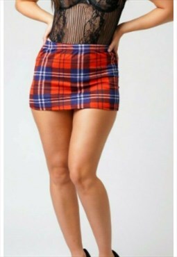 Tartan Check High Waist Elasticated Red Bodycon Mini Skirt